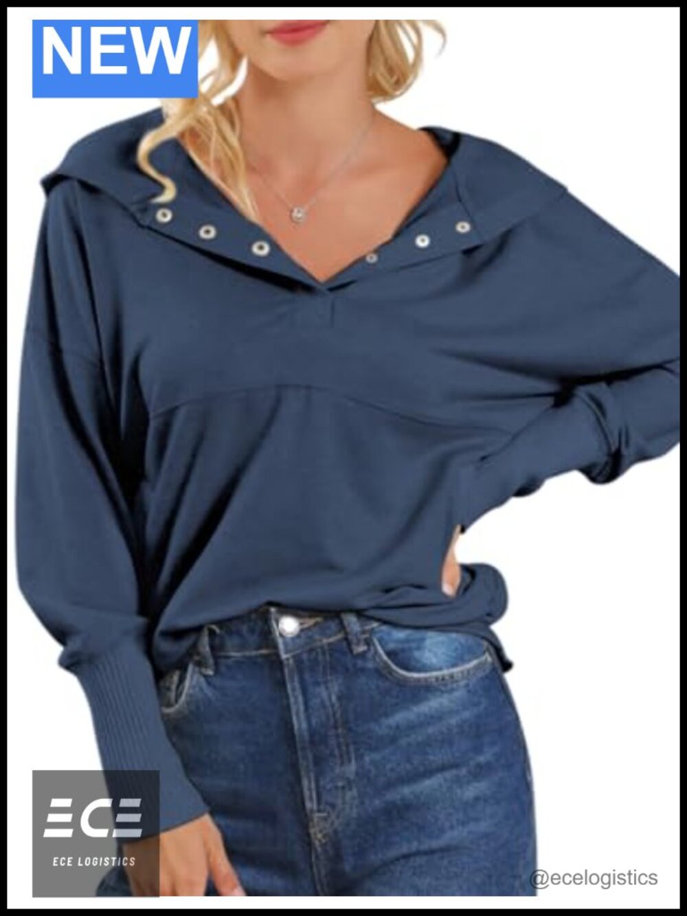 V Neck Snap Button Oversized Hoodie Sweatshirt Long Sleeve Pullover